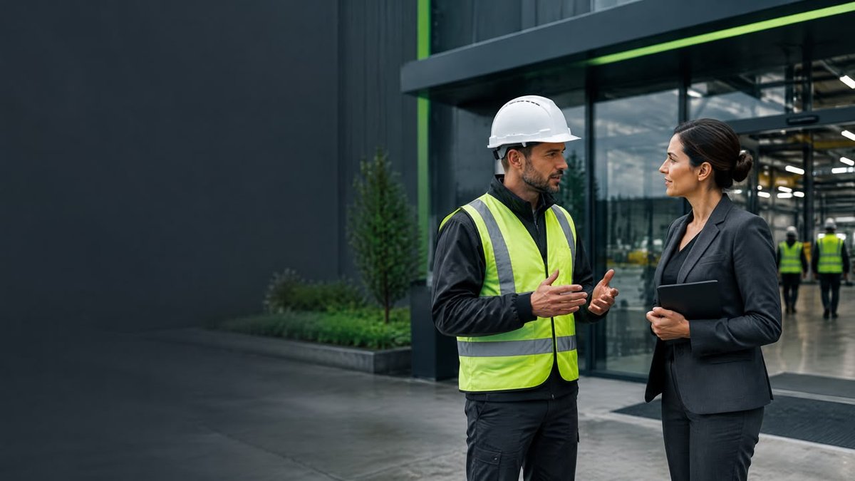 Consultor técnico orientando cliente em ambiente industrial